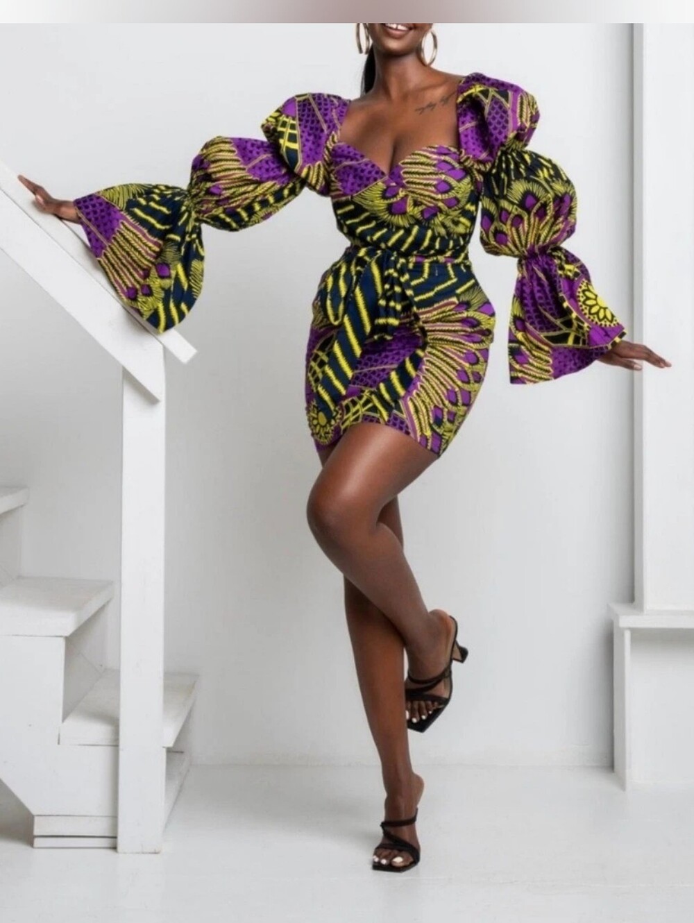 Ofuure Ankara African Wax Print Purple and Yellow Mini Dress xs